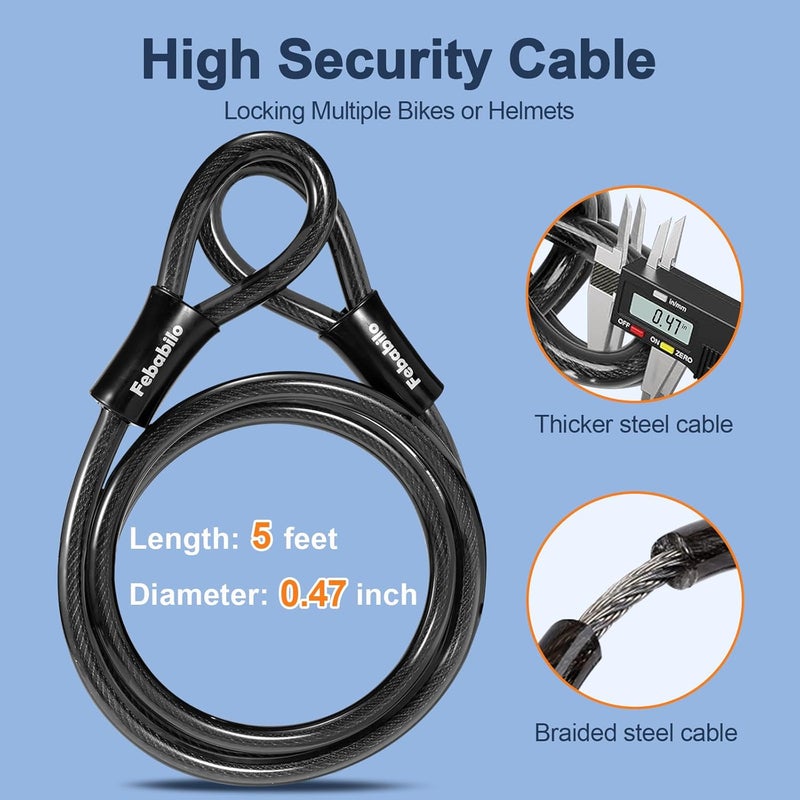 Febabilo Bike Locks Heavy Duty Anti Theft, Combo Bike U Lock, 4-Digit Resettable Combination E-Bike Large U Shaped Lock with 5Ft Steel Cable for Electric Bike, Bicycle, Escooter, Motorcycle,Door - Image 5